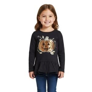 Spooky Night Black Sequined Pumpkin Ruffle Hem Halloween Girls Top Size XS 4